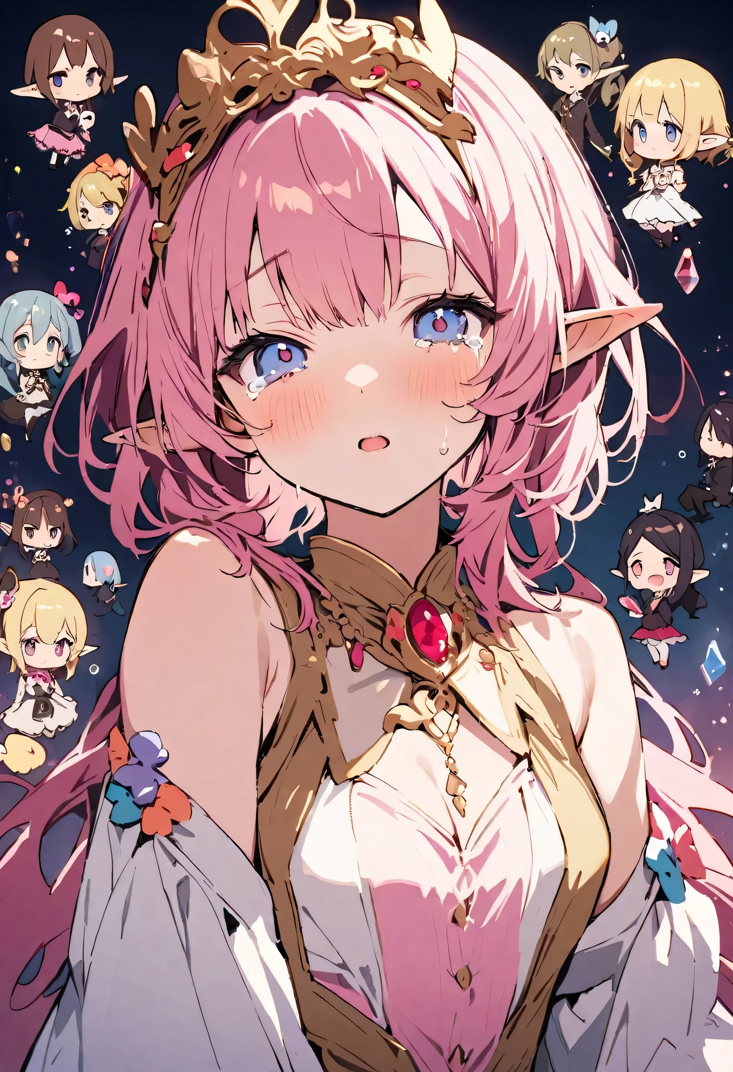 masterpiece, highest quality, Illustration of the novel, High resolution, 18+ Adult content, Sensual, Intimate, Emotional, Passionate, romantic, sweet, Adorable, Innocent, Pure, Charming, Charming, Charm, Mysterious, Charming, Charming, Immersive, Charming, dream-like, Surreal, Imaginative, Whimsical, artistic, Avant-garde, timeless, elegant, Sophisticated, chic, Sophisticated, personality, original, Charming,((Loli Elf:1.3)),((Beautiful Tears))、Upper Body、(Little)