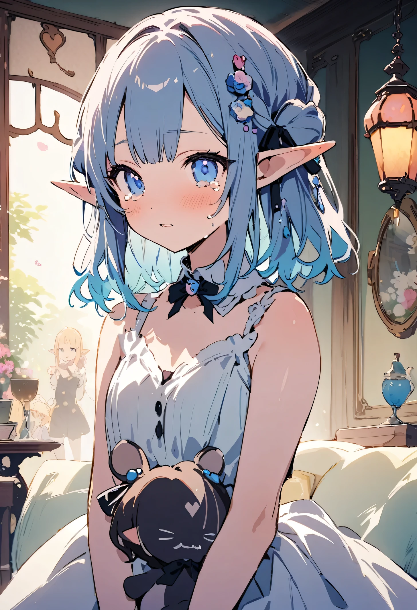 masterpiece, highest quality, Illustration of the novel, High resolution, 18+ Adult content, Sensual, Intimate, Emotional, Passionate, romantic, sweet, Adorable, Innocent, Pure, Charming, Charming, Charm, Mysterious, Charming, Charming, Immersive, Charming, dream-like, Surreal, Imaginative, Whimsical, artistic, Avant-garde, timeless, elegant, Sophisticated, chic, Sophisticated, personality, original, Charming,((Loli Elf:1.3)),((Beautiful Tears))、Upper Body、(Little)