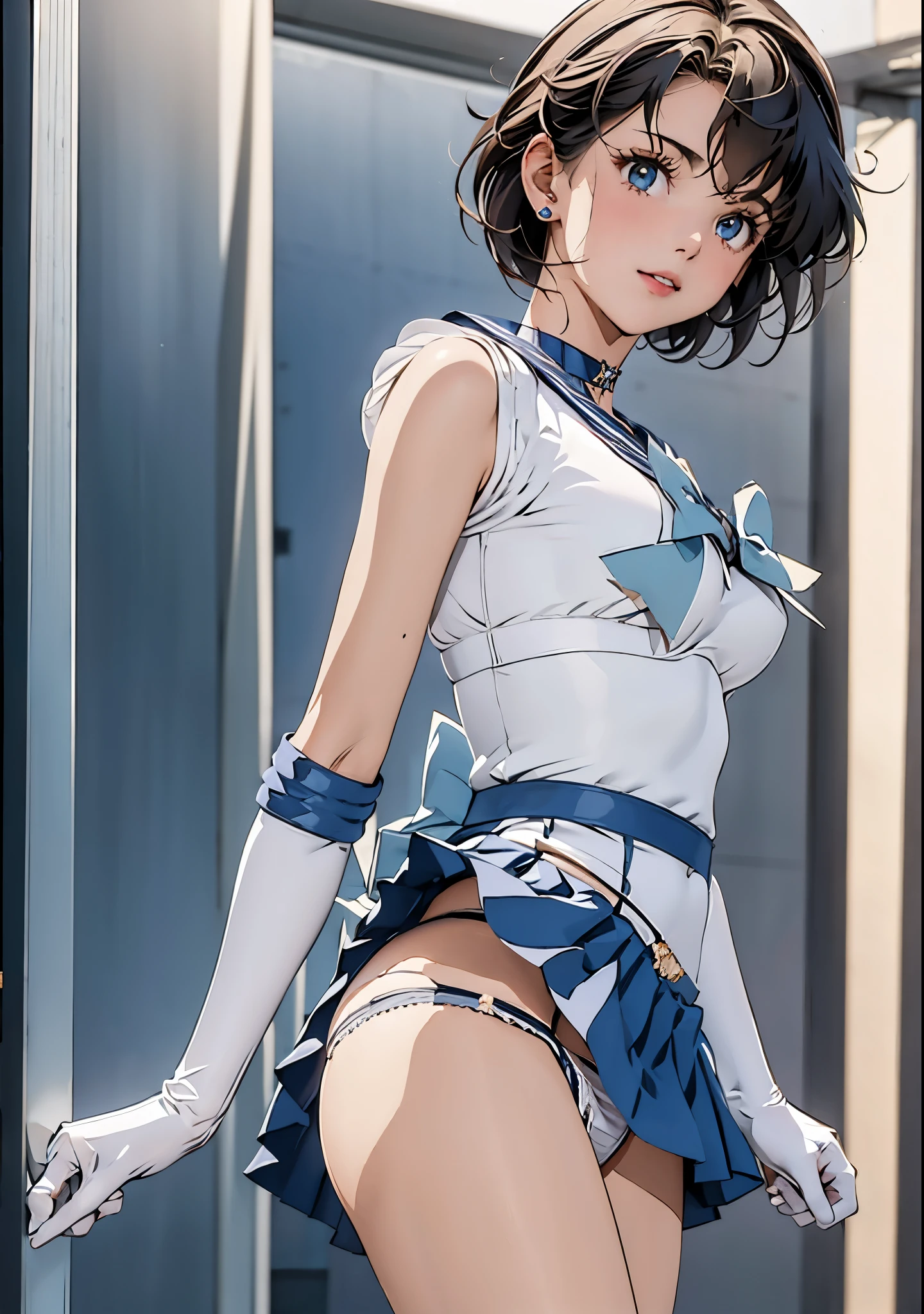 masterpiece, highest quality, High resolution, Realistic, Show more1, tiara, Sailor Warrior Uniform, Blue Skirt, Blue sailor collar, tiara, bow, Knee Boots, choker, White gloves, blue choker, elbow gloves, jewelry, Earrings, Pleated skirt, Cowboy Shot, night, ((The background is output randomly.:1.3)), Arms above head, Angle from below, ((Showing panties:1.3))