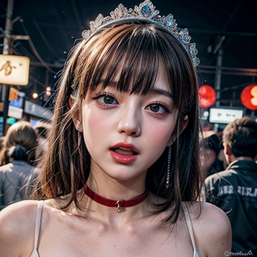 masterpiece of professional Analog photo, realistic and photorealistic with touch of rawness, (a close-up portrait of a tiny princess wearing white thongs on a city street), Dusk violet Sky, intricate lighting effects with light particles, (many colorful lights dazzling bokeh), Traffic lights, crowd of tiny girls enjoying summer festival, { Childish | Gigantic Cleavage }, (((NOGIZAKA))) Extremely Detailed very KAWAII face variation, perfect anatomy, captivating gaze, elaborate detailed Eyes with (sparkling highlights:1.2), long eyelashes、Glossy RED Lips with beautiful details, Coquettish tongue, Rosy cheeks . (Dynamic joyful expressions), { pleasure in agony | Ecstasy | :D | screaming | Perplexed }, Mystic sight . hair and eye color is same color, { Red leather high collar | Red ribbon }, from diagonally angle. short bob, Tiny princess tiara .
