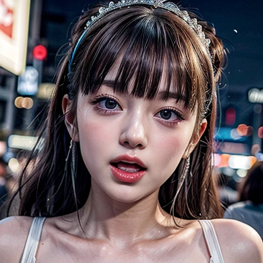 masterpiece of professional Analog photo, realistic and photorealistic with touch of rawness, (a close-up portrait of a tiny princess wearing white thongs on a city street), Dusk violet Sky, intricate lighting effects with light particles, (many colorful lights dazzling bokeh), Traffic lights, a crowd of fashionable street girls in the background, { Childish | Gigantic Cleavage }, (((NOGIZAKA))) Extremely Detailed very KAWAII face variation, perfect anatomy, captivating gaze, elaborate detailed Eyes with (sparkling highlights:1.2), long eyelashes、Glossy RED Lips with beautiful details, Coquettish tongue, Rosy cheeks . (Dynamic joyful expressions), { pleasure in agony | Ecstasy | :D | screaming | Perplexed }, Mystic sight . hair and eye color is same color, { Red leather high collar | Red ribbon }, from diagonally angle. short bob, Tiny princess tiara .