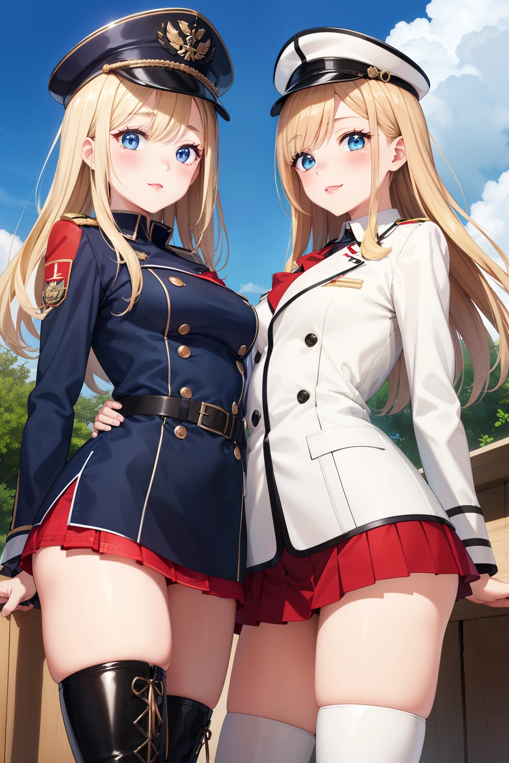 masterpiece, ultra-detailed, illustration, game cg, best quality, highres, kitagawa marin, 2girls, (multiple girls), blonde hair, swept bangs, gradient hair, beautiful detailed eyes, glossy lips, light smile, blush, military hat, red miniskirt, tight white closed jacket, thigh boots, standing, blue sky