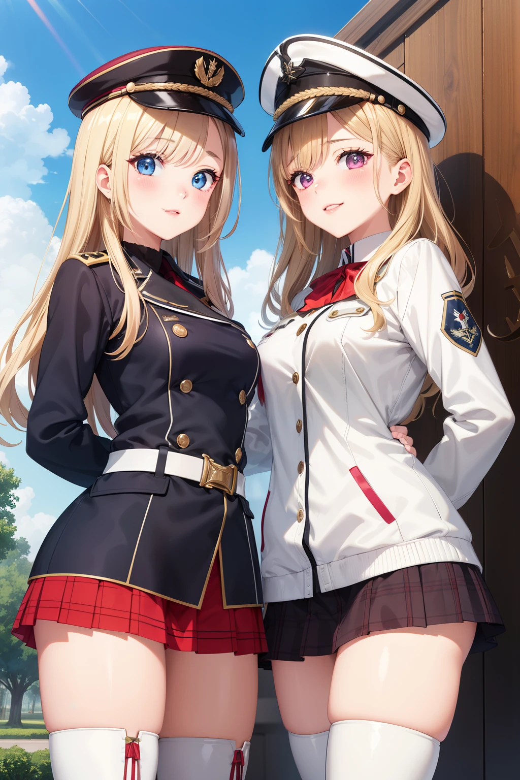 masterpiece, ultra-detailed, illustration, game cg, best quality, highres, kitagawa marin, 2girls, (multiple girls), blonde hair, swept bangs, gradient hair, beautiful detailed eyes, glossy lips, light smile, blush, military hat, red miniskirt, tight white closed jacket, thigh boots, standing, blue sky