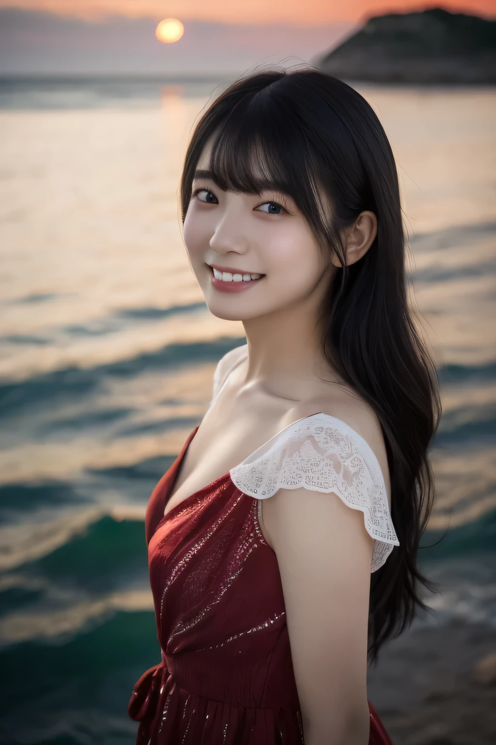 1 girl, (Wear a clean white summer dress:1.2), Very beautiful Japanese idol portraits, 
(RAW Photos, highest quality), (Realistic, Realistic:1.4), (masterpiece), 
Very delicate and beautiful, Very detailed, 2k wallpaper, wonderful, finely, Very detailed CG Unity 8K wallpaper, Very detailed, High resolution, Soft Light, 
Beautiful detailed girl, Very detailed目と顔, Beautiful and sophisticated nose, Finely beautiful eyes, Cinema Lighting, 
(Fashion magazine photography:1.3), (The sea at dusk), (The beach lit by the afterglow), (Traces of afterglow flickering on the surface of the sea), (Deep red color scheme:1.4), (Dark screen), (Girl full body silhouette), 
(Semi-long hair), (smile),
Complete Anatomy, Slender body, Small breasts