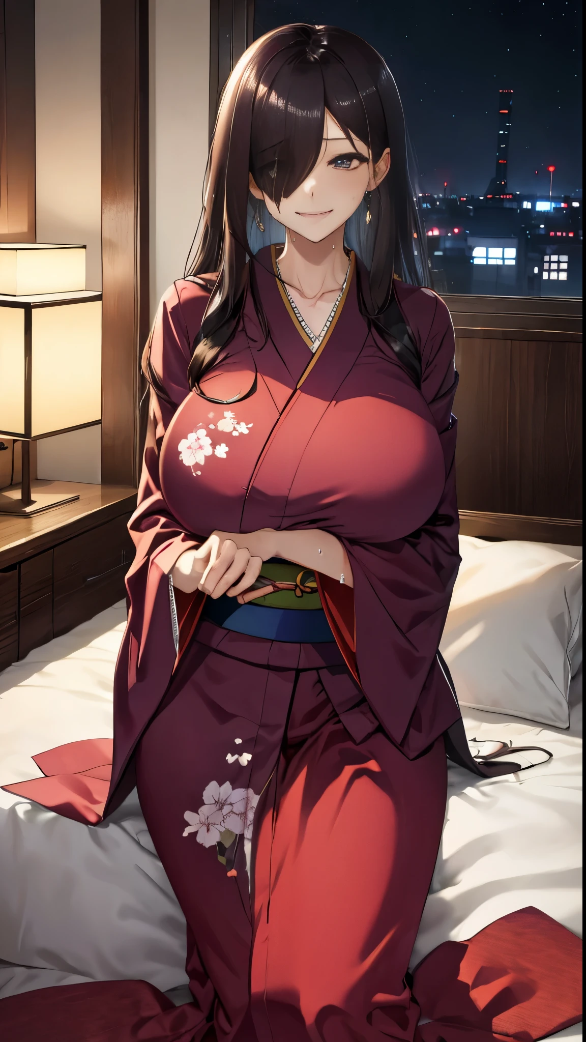 highest quality、Highest quality、masterpiece、high-end、

Hair on one eye,
(kimono:1.28),
smile,Mouth closed,
Lady,Mature Woman, Cowboy Shot,
(Dark Room:1.5, Love hotel beds in Japan:1.5, Detailed Background:1.18),
High resolution,Official Art,original,masterpiece,highest quality,
(Huge breasts),
 (Oily skin),((steam,sweat))
Lying on the futon in a sexy pose、Lie