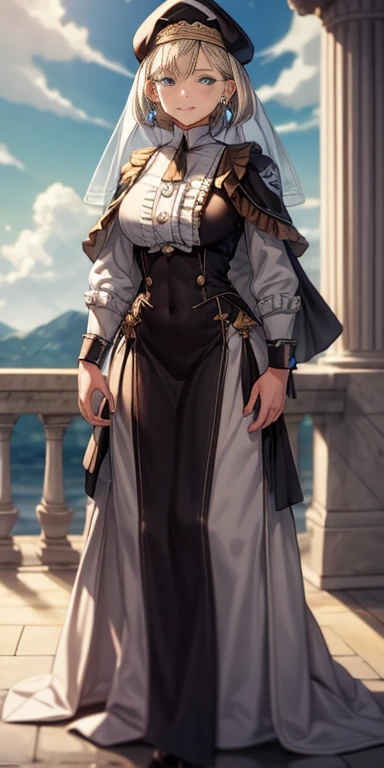 masterpiece, best quality, war, Mercedes, beret, veil, see-through, short hair, blue ascot, long frilled dress, large breasts, looking at viewer, smile, hand on own arm, outdoors, clouds, marble architecture, sky, standing bondage pole