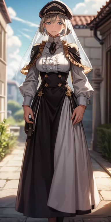 masterpiece, best quality, war, Mercedes, beret, veil, see-through, short hair, blue ascot, long frilled dress, large breasts, looking at viewer, smile, hand on own arm, outdoors, clouds, marble architecture, sky, standing bondage pole