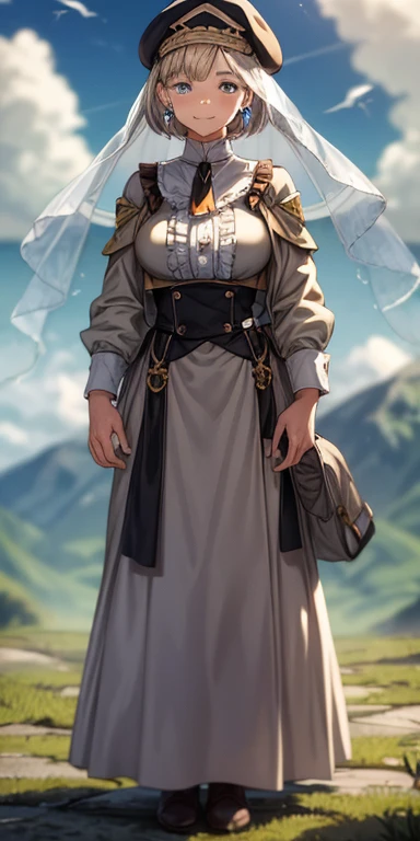 masterpiece, best quality, war, Mercedes, beret, veil, see-through, short hair, blue ascot, long frilled dress, large breasts, looking at viewer, smile, hand on own arm, outdoors, clouds, marble architecture, sky, standing bondage pole