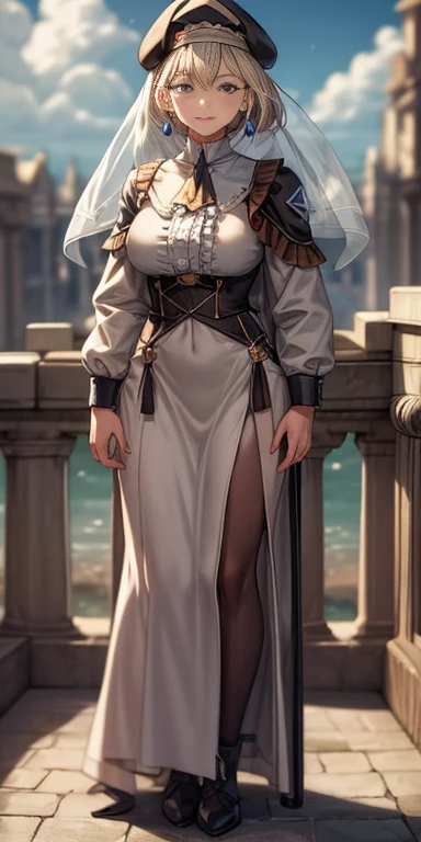 masterpiece, best quality, war, Mercedes, beret, veil, see-through, short hair, blue ascot, long frilled dress, large breasts, looking at viewer, smile, hand on own arm, outdoors, clouds, marble architecture, sky, standing bondage pole