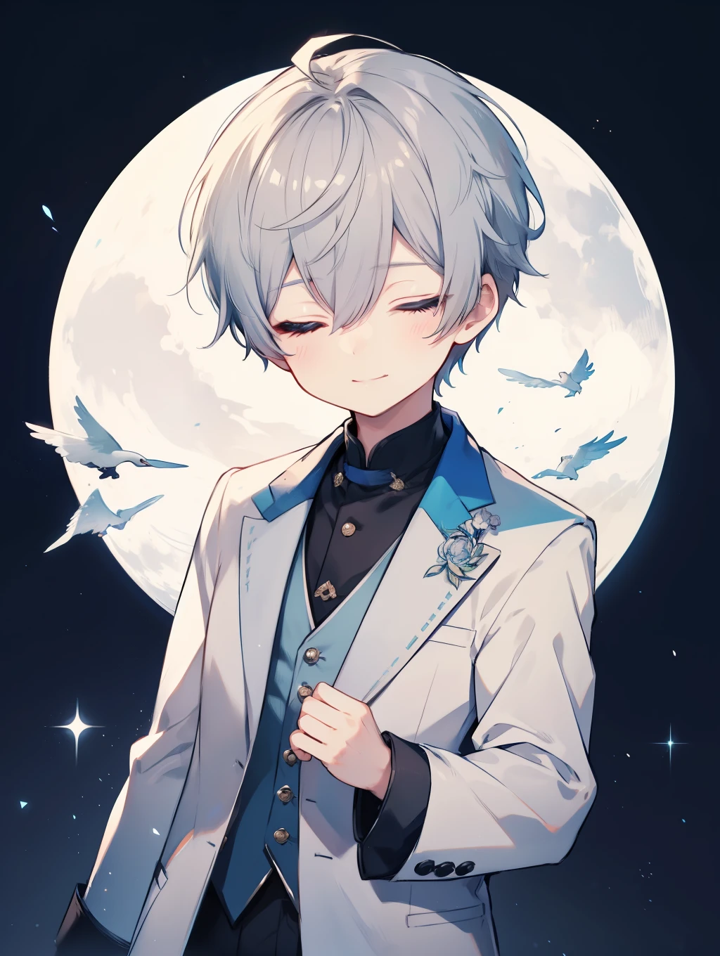 1 boy、highest quality, Tabletop, Beautiful Face、suit、Gray Hair、short hair、whole body、smile、(close your eyes) smile、Moon Background