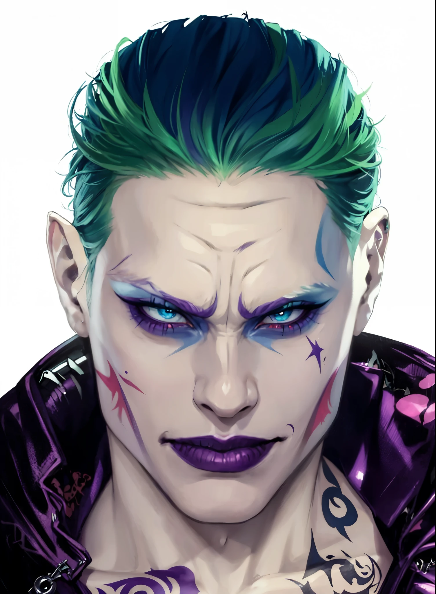Coringa,Joker, Jared Leto, sombras nos olhos, usando sobretudo roxo, aberto, com tattoo, cabelo verde, pele palida, com uma bengala, blue pants, descanso, Fitness