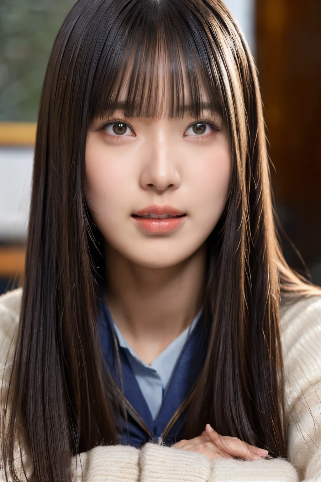 (realistic, photo-realistic:1.4),(best quality,masterpiece:1.2),RAW photo,high resolution,intricate details, insanely detailed,extremely detailed, cinematic lighting, (portrait, frontal photography) ,solo,1girl,a 21yo female idol, (arms crossed, school uniform:1.5),beautiful symmetrical eyes, detailed eyes, detailed face, pale skin, fine-textured skin,dark hair,(straight hair, blunt bangs:1.3), photo background, indoors,,,[Yuzuki Nakashima,Sakurazaka46],