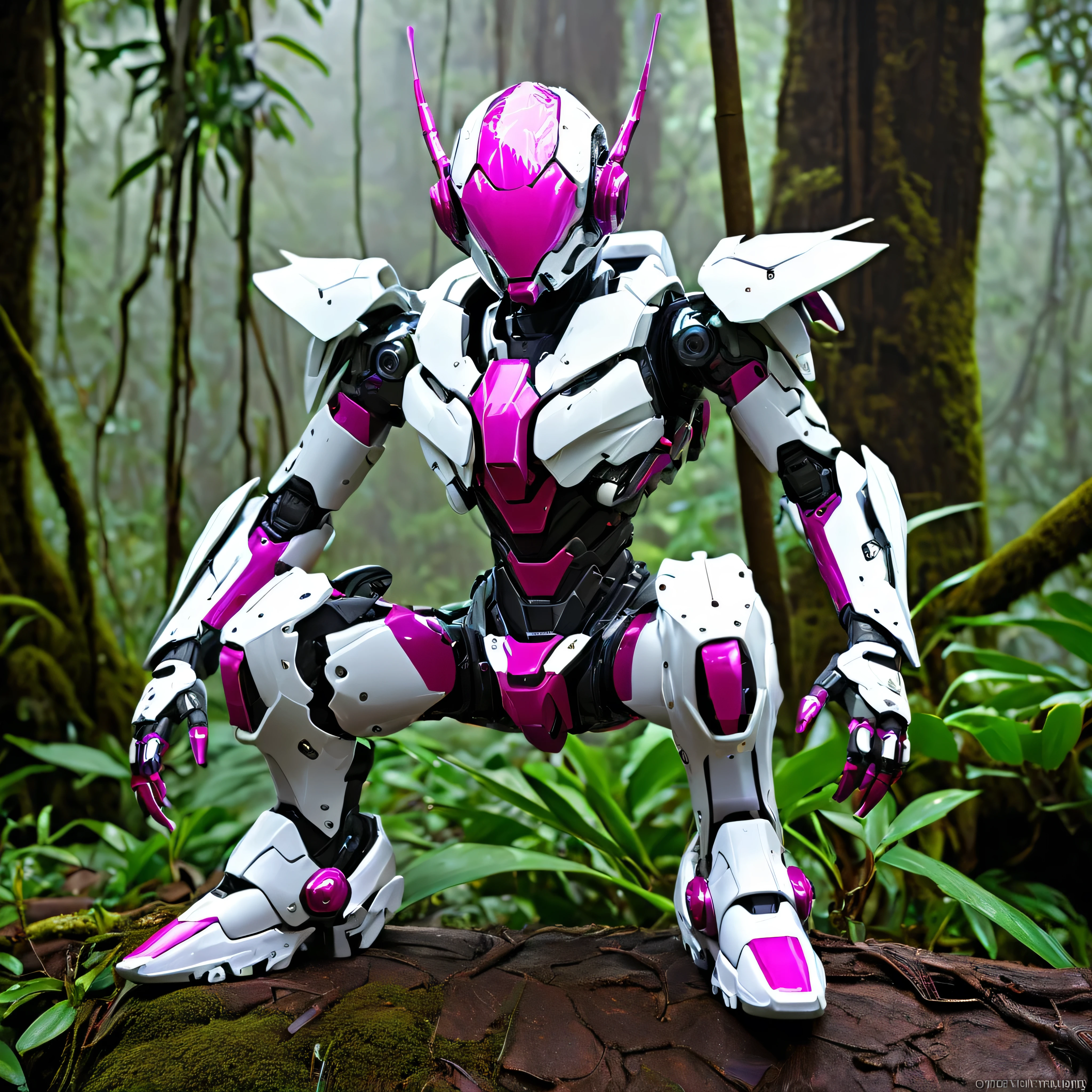 create a hyper-realistic ( RAW,analog), highly detailed distinctive mecha designs chibi kawai cyborg blends organic and mechanical elements seamlessly, with translucid painted with fushia accent color translucid glowing helmet, orchid mantis psychotic skinny muscular structures, and matte white mechanical components, wears orchid mantis pyschotic tactic body armors and legs armor, wear matte white boots, sitting on the branch of giant-tree in the shady rain forest, misty, dystopian photography, discomfort moments, louish art styles, ultra unique natural texture, slight imperfections