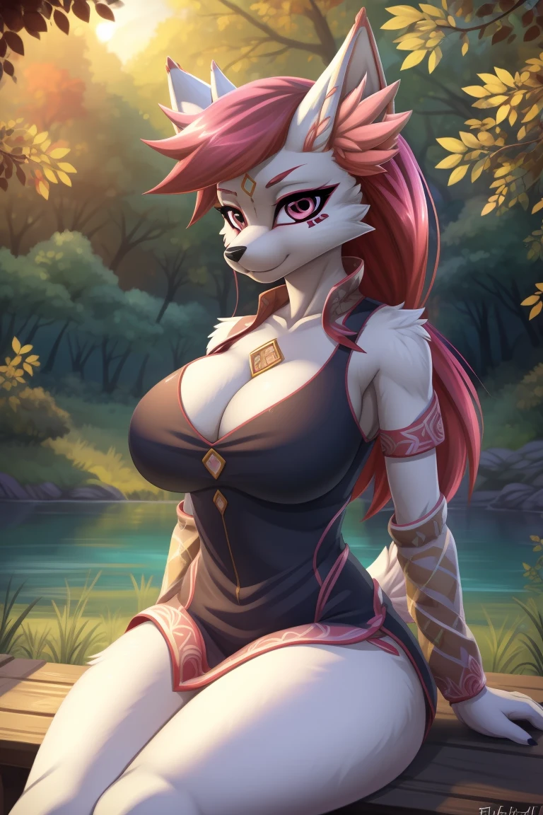 By zinfyuu on pixiv,by twistedscarlet60, uploaded on pixiv, by fluff-kevlar, (masterpiece), (best quality), (anthro furry:1.3, snout:1.2, anthro:1.3, furry:1.2, solo female:1.2), (extremely detailed:1.3), (pink_detailed_eye), wearing white dress, sfw, forest, sitting, lake, nature beauty, view on viewer, kimiko, busty, big breast, thick thighs