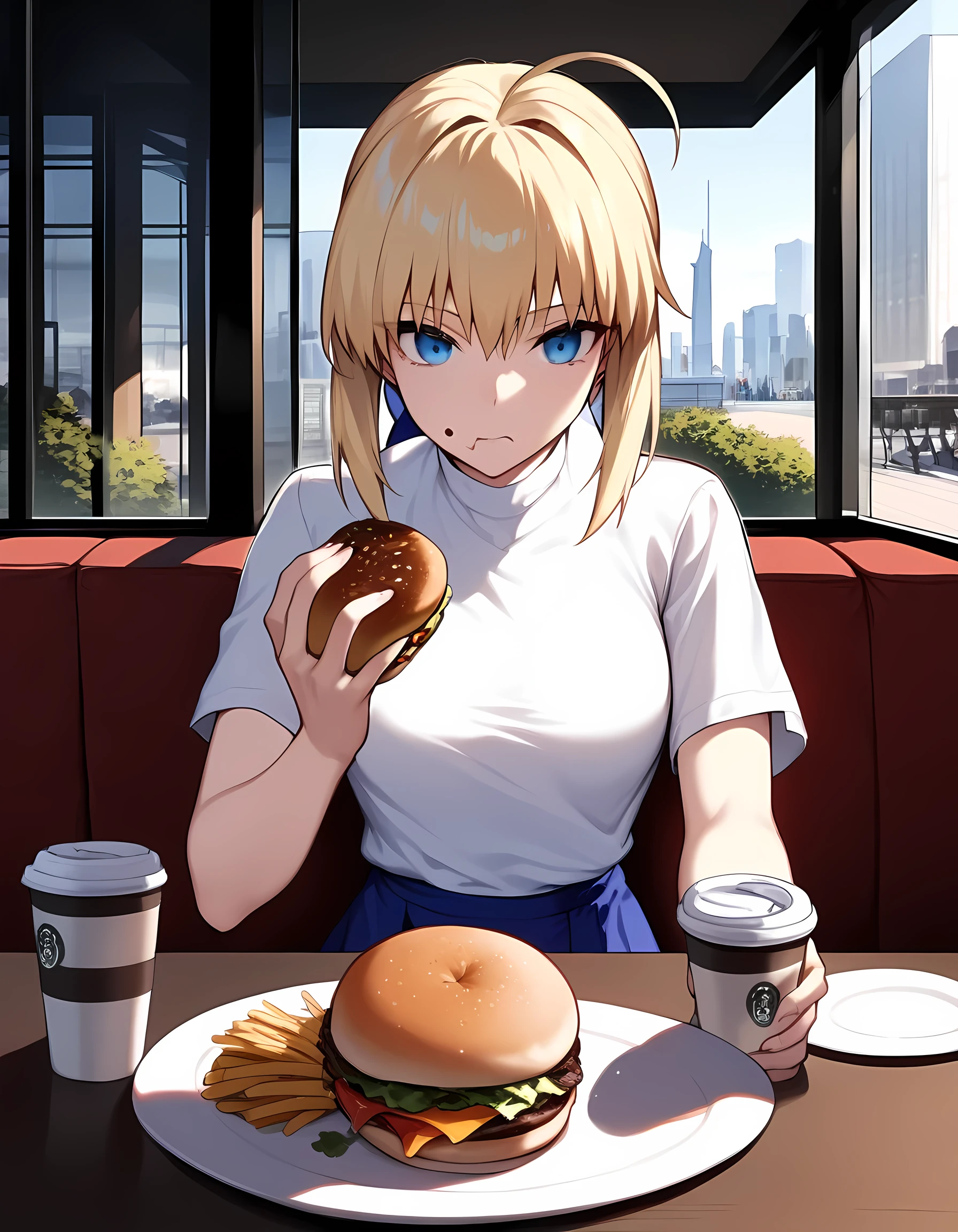 (masterpiece:1.3),great,best,1girl,solo,medium breasts,saber \(fate\),white shirt,pov across table,burger,indoors,restaurant,red couch,food on face,ahoge,blue eyes,blonde hair,sidelocks,blue skirt,ice coffee,eating,plate,window,outdoors,nature,street,city,ice cube,dense,closed mouth,pov,