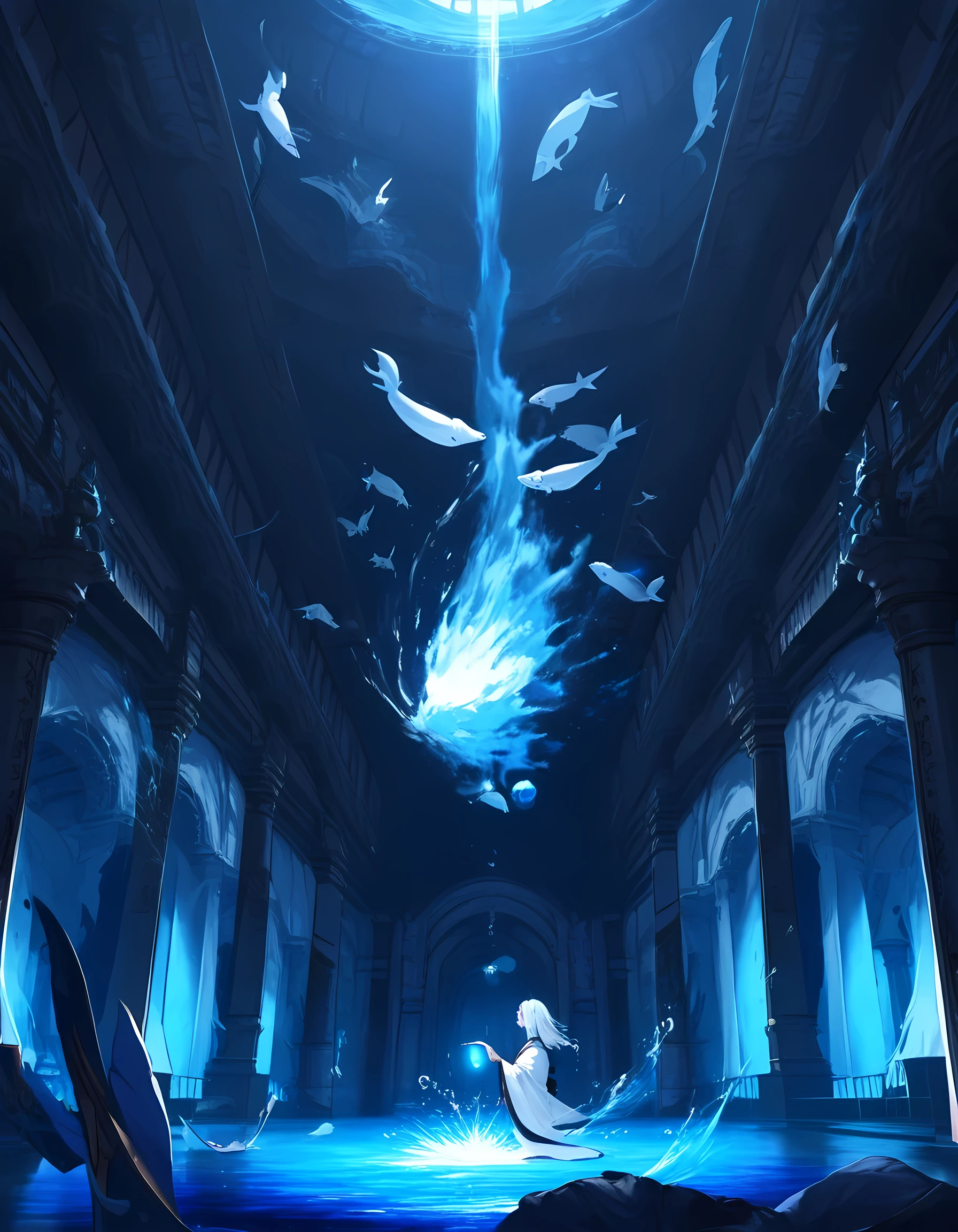 masterpiece,great,best,1girl,solo,floating water,(blue theme:0.5),kimono,holding lantern,dense,floating fish,fantasy,indoors,hallway,fantasy,white hair,contrast composition,from side,splash,waterfall,glowing water,underlighting,dark corridor,