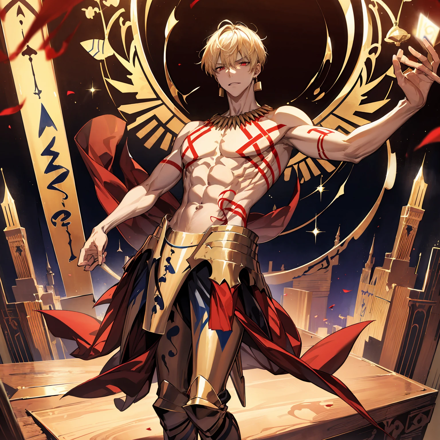 absurdres, highres, ultra detailed, HDR) master piece, best quality, Gilgamesh, blonde hair, expressive red eyes, solo, man, handsome, toned chest, topless, red tattoo, golden earrings, jewelry, golden armor, gate of babylon