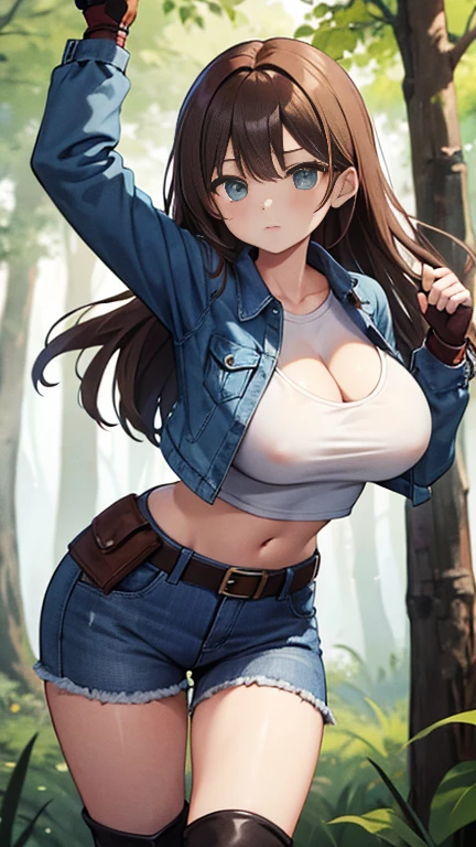 A Beautiful and Cute Girl, (19 Years-old), with (Lush, Long Brown Hair), (Big Beautiful Blue Eyes), Big Breasts, Wide Hips, very Curvy. Wearing a (Dark-Blue Denim Jacket), Black Shirt, Brown Leather Belt, (Heavily Torn, Blue Jeans), Black Boots, and Leather Fingerless Gloves. Standing in the Woods, holding up her fists in a battle stance.