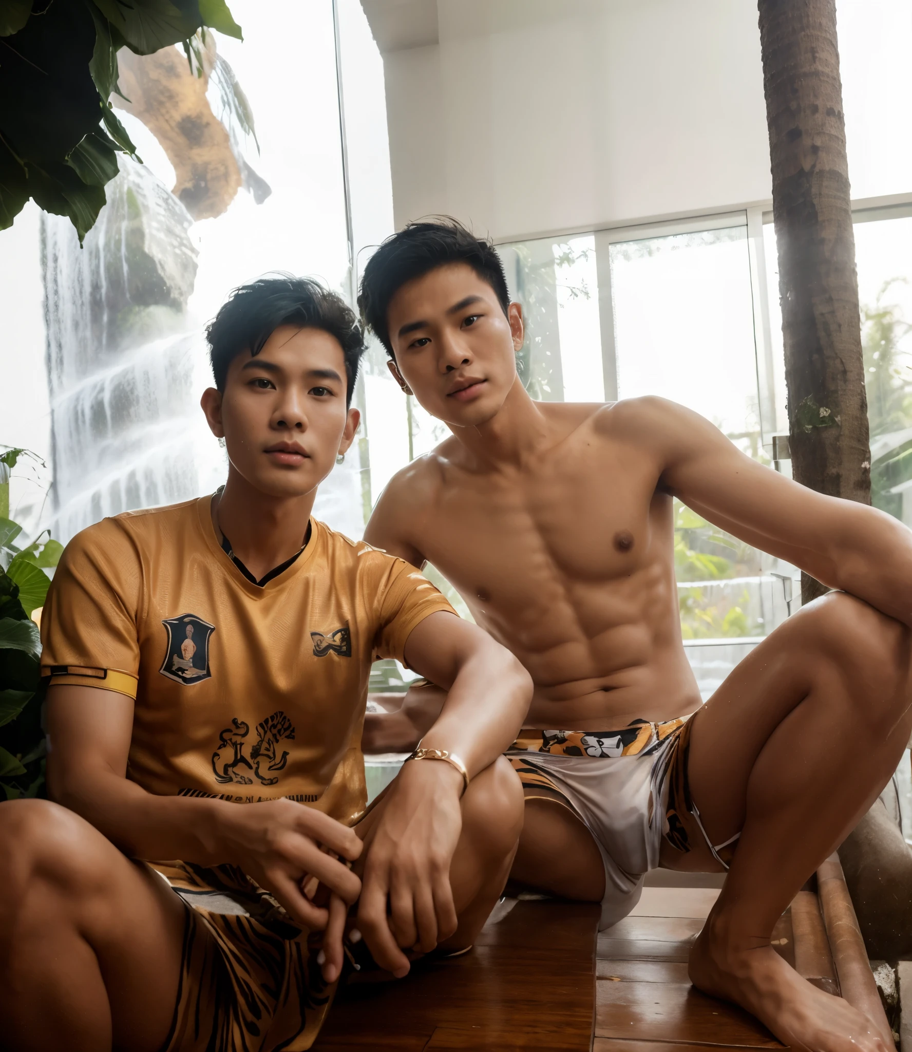 young man ,Thai person, ,handsome, Wear tiger print underwear , tall and thin , stand and watch everything.. , There is a waterfall.., There are trees..