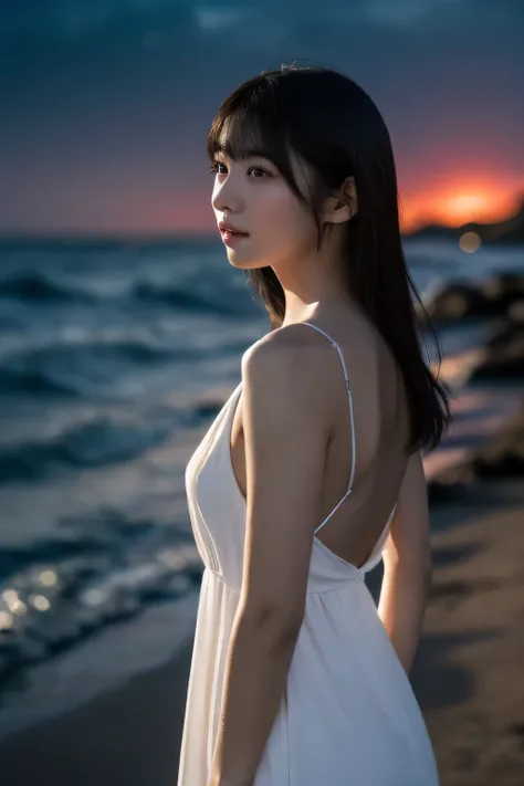 1 girl, (wear a clean white summer dress:1.2), very beautiful japanese idol portraits, (silhouette of the whole body),
(raw phot...