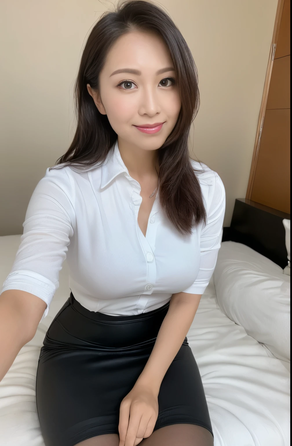 ((masterpiece, Better Quality, hight resolution, Photorealsitic:1.4, Raw photography, high quality image)), ((portrait:1.2)), 1Milf sitting on bedside, (wearing sweaty white short callored shirts, wearing black pencil skirt, black stocking), curvy shape:0.5, very detailed and professional lighting, (cute facial expressions),