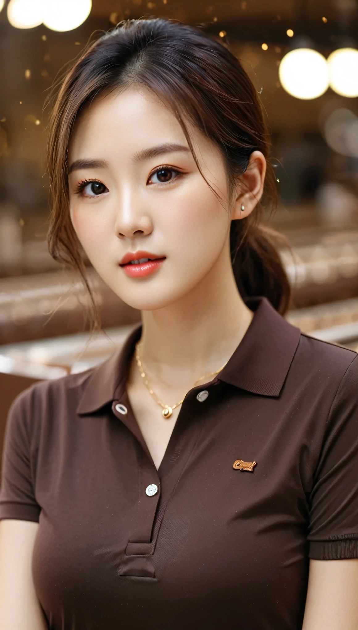 Close up of beautiful Korean woman, 38 inches chest size, Wear a well-fitting polo shirt, necklace, In the Chocolate Factory, Bokeh background , HD