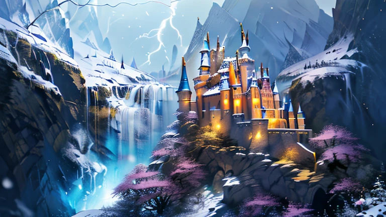 (Obra maestra, mejor calidad, professional lightning) a castle aside of a waterfall in a snowy mountain