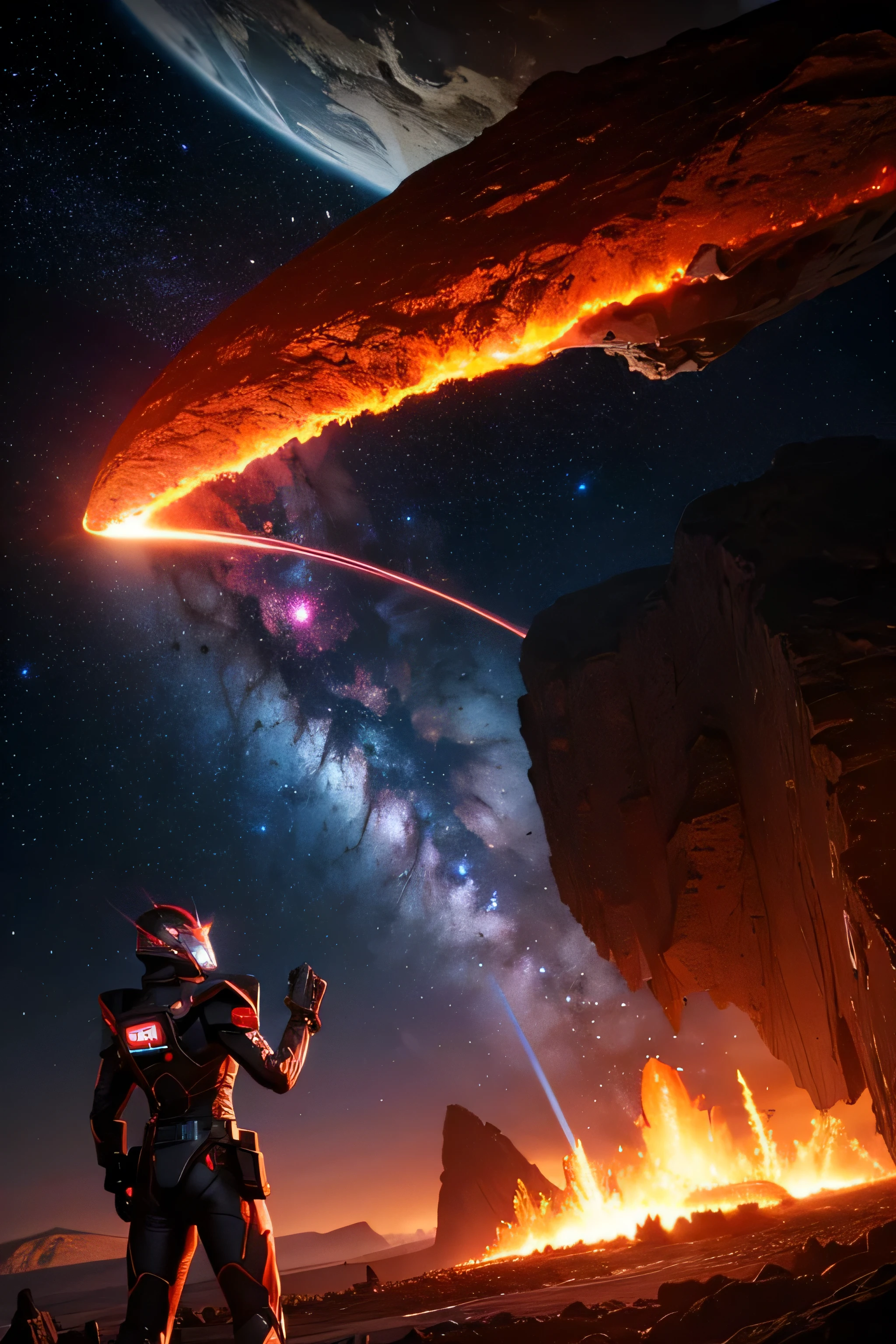 cybernetic planet on fire, mechanized earth crust, the earth sprouts lava, earth's red mantle is visible, hollow earth, vtm, canyons and ridges all across earth, volcanoes erupting, stars and galaxies in the background