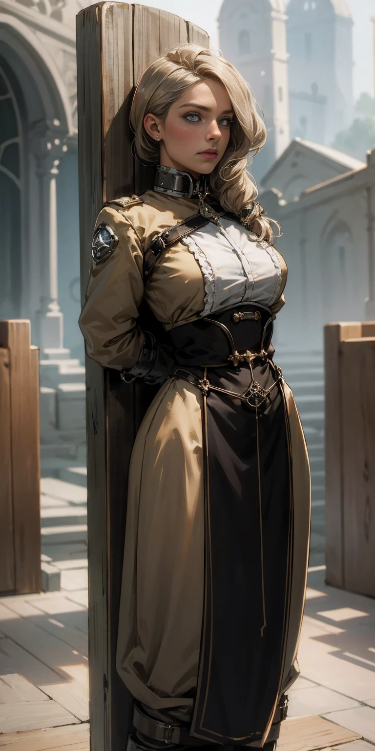(masterpiece, best quality), intricate details,
1girl, Mercedes von Martritz,
(standing by wooden pole:1.2), iron collar, arms behind back, iron cuffs, shackles, bound,