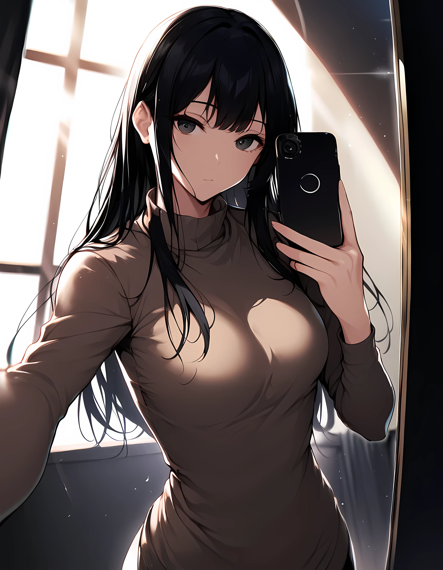 masterpiece,(best,great:0.5),1girl,solo,selfie,holding phone,camera flash,mirror,medium breasts,black hair,long hair,sunlight,window,light rays,turtleneck sweater,