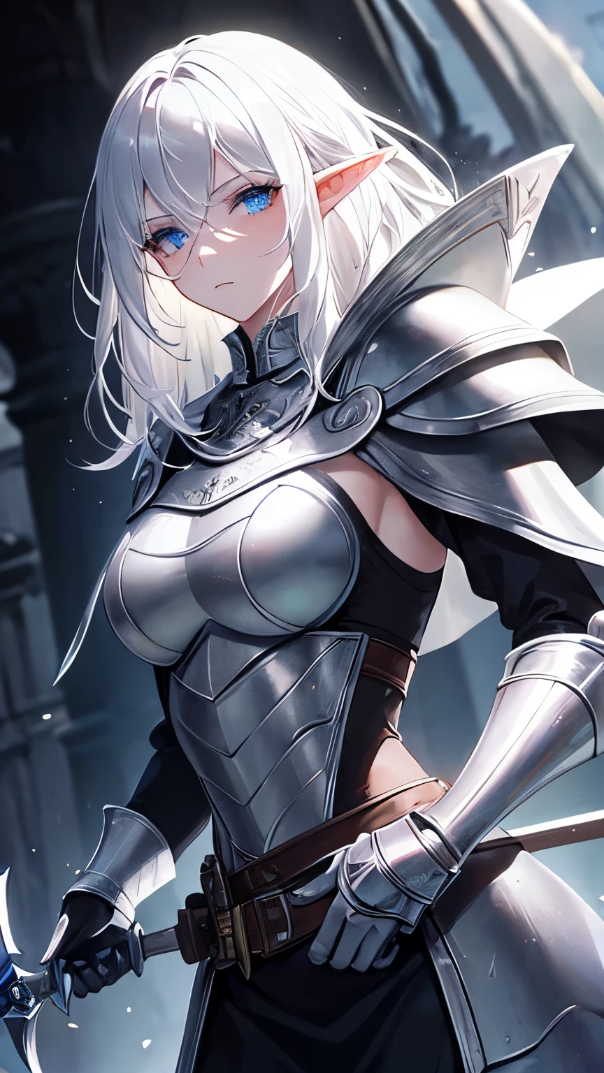 ((best quality)), ((masterpiece)), (detailed), perfect face, perfect detailed eyes, perfect detailed face, ultra-detailed nose, silver hair, messy hair, hair over eyes, medium hair, pale skin, forehead mark, pointy ears, cinematic lighting, chiaroscuro, elf, Female Knight, Elf Hero, (Wearing black armor, Hold a dagger in right hand), cowboy shot