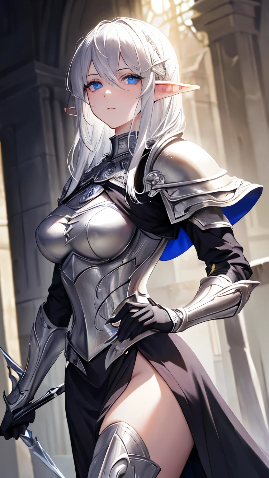 ((best quality)), ((masterpiece)), (detailed), perfect face, perfect detailed eyes, perfect detailed face, ultra-detailed nose, silver hair, messy hair, hair over eyes, medium hair, pale skin, forehead mark, pointy ears, cinematic lighting, chiaroscuro, elf, Female Knight, Elf Hero, (Wearing black armor, Hold a dagger in right hand), cowboy shot