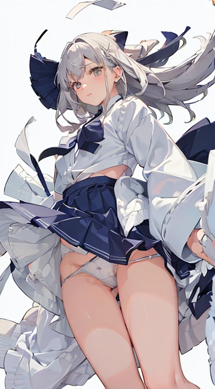 (White cotton panties:1.5), (Wind:1.25), (highest quality:1.0), (masterpiece:1.0), (Ultra-fine illustrations:1.0), Navy Blue Skirt、Pleated skirt、Lined、