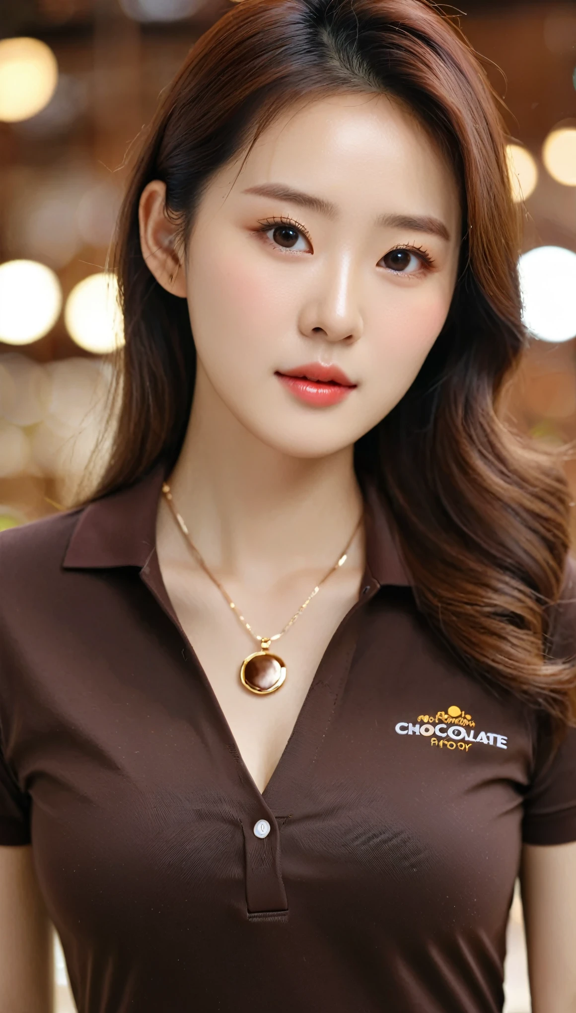 Close up of beautiful Korean woman, 38 inches chest size, Wear a well-fitting polo shirt, necklace, In the Chocolate Factory, Bokeh background , HD