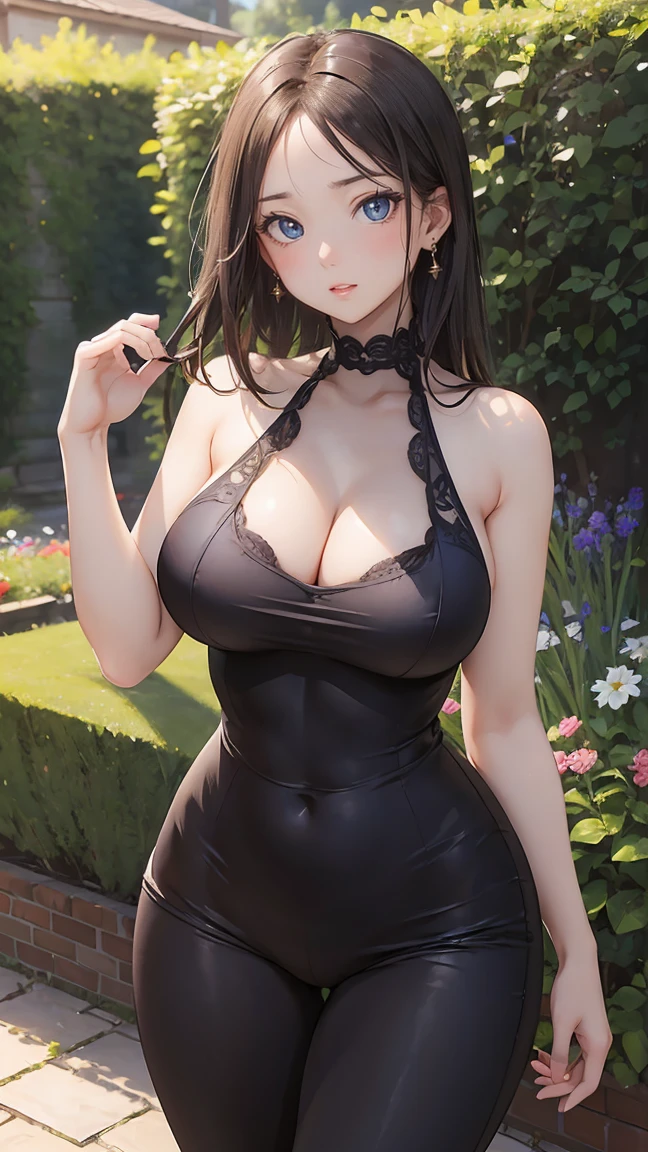 (masterpiece:1.2), (best quality:1.2),, Curvy but slender figure, Perfect eyes, Perfect face, Perfect lighting, 1 girl, In the garden, (women's shirts),(Miss),(whole body照),(Ponytail),(カメラアングルwhole body),curls, Beautifully dressed, Detailed outdoor background, compensate, Eyeshadow, Thick eyelashes, fantasy, Looking at the audience, whole body、Blue sky、Bright and beautiful face、Young, shiny and fair skin、best beauty、The most beautiful blonde hair in the world、Thinning hair、long hair、Shiny and beautiful bangs、Shining blue eyes、Very beautiful and cute 18 years old, The most beautiful girl in the world、
