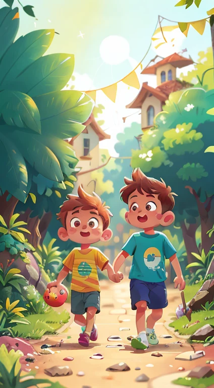 Two boys strolling in the park holding hands. O meis velho possui 5 anos, cabelos castanhos, olhos grandes e castanhos e veste camiseta azul marinho e shorts listrado verde e branco. O mais novo tem 3 anos, cabelos com cachinhos castanhos, Big eyes and funny face. many balloons, feliz, feliz, qualidade perfeita, Foco claro (desordem - casa: 0.8), (obra-prima: 1.2) (realista: 1.2) (Bokeh) (melhor qualidade) (pele detalhada: 1.3) (detalhes complexos) (8K) (olhos de detalhe) (sharp focus), (feliz) corpo inteiro, dois filhos, fundo limpo, long view composition, TIRO DE 85MM