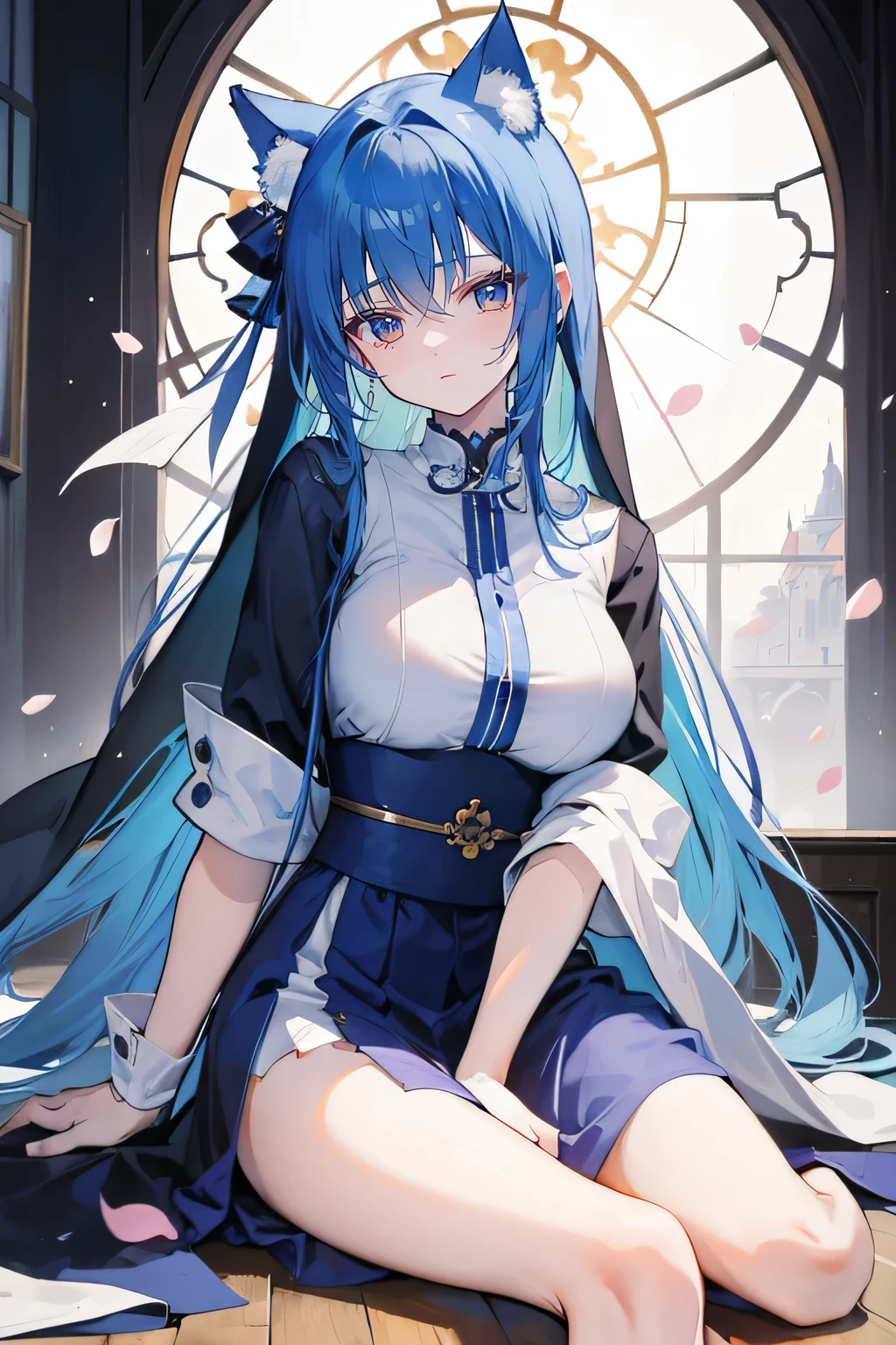 (masterpiece:1.2),Extremely detailed,Practical,expressive eyes,Fair skin,Perfect face shaping,1 Girl,
Japanese cartoons,Gorgeous blue hair, the long flowing blue hair,Floating clothes,Cat ears,Petals fall,beautiful lola,Young Angel,
Place your hands on your waist,sit elegantly on the ground,Cross your legs,Gentle and peaceful background,church,Nun's Clothes,back view,lie on the water.
