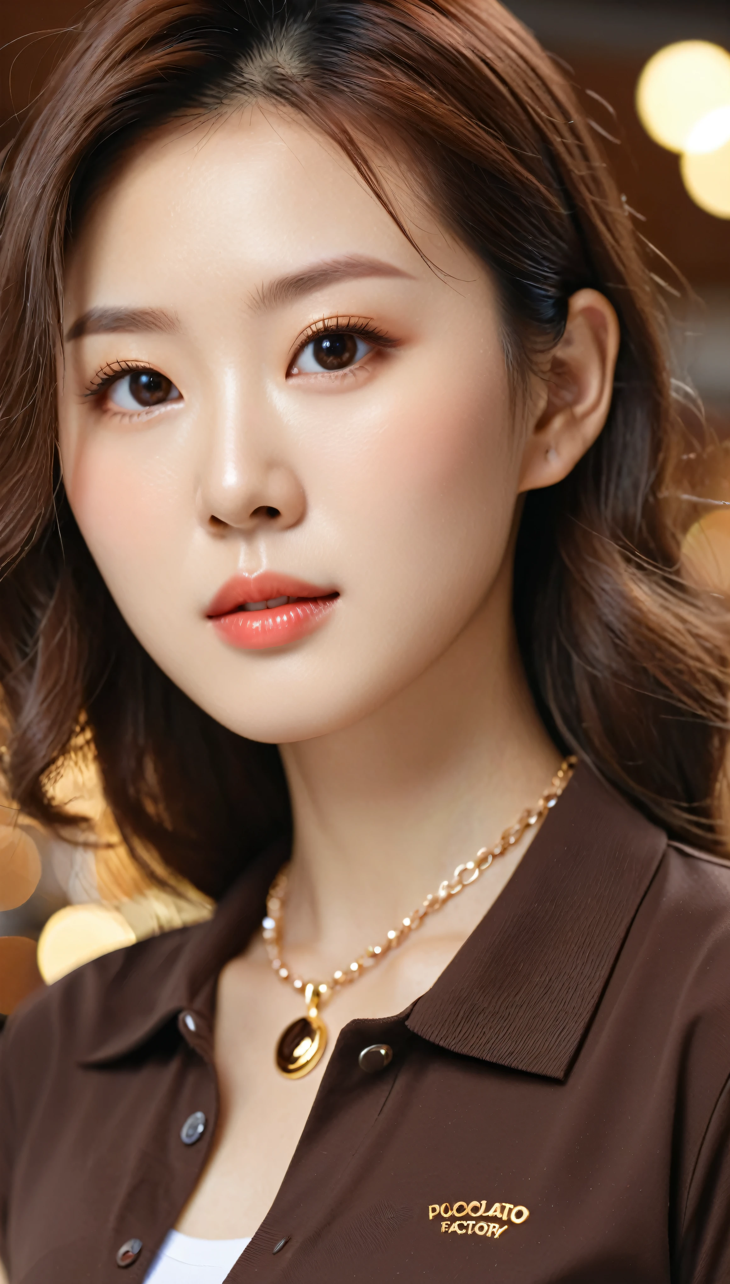 Close up of beautiful Korean woman, 38 inches chest size, Wear a well-fitting polo shirt, necklace, In the Chocolate Factory, Bokeh background , HD