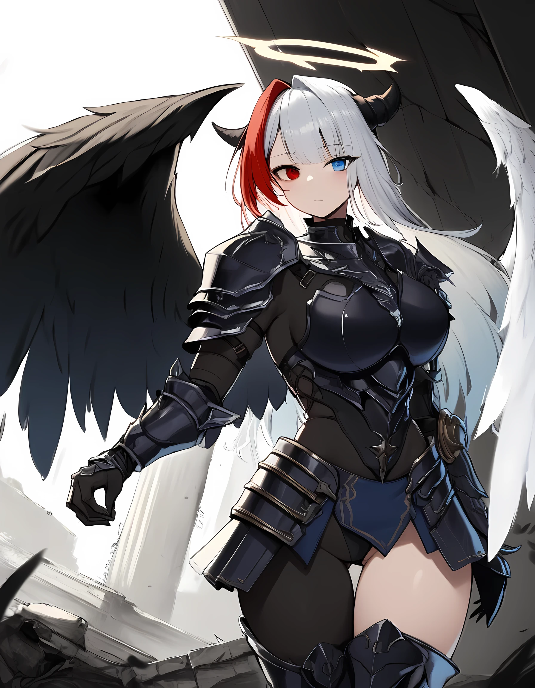 masterpiece,best,great,split theme,1girl,solo,cowboy shot,looking at viewer,outdoors,asymmetrical wings,black wings,white wings,shadow,angel and devil,blue eyes,red eyes,heterochromia,ruins,head wings,single side horns,from side,asymmetrical hair,asymmetrical armor,uneven eyes,hips,shoulder armor,halo,tall female,armor,thigh boots,skirt armor,