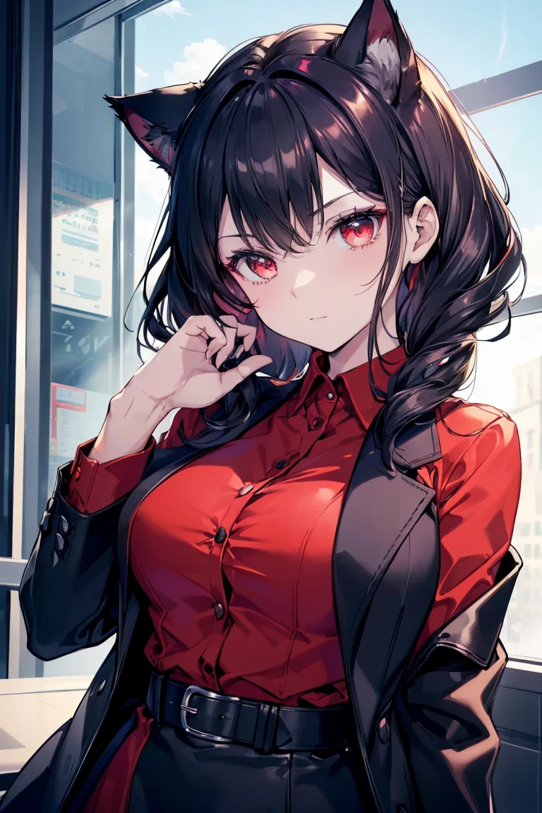 (Catwoman),, Cat ears, Black Hair, Business casual attire, Cool, Red Dress Shirt, beautiful red eyes, Cat&#39;s Tail, ((Crimson eyes: 1.3, Eyes turned upward: 1, Perfect eyes, Beautiful and delicate eyes, gradient eyes: 1, Delicate and beautiful eyes: 1, Symmetrical eyes: 1, There is a big bright spot on the eye: 1.2)), (((skin shiny: 1.5, Bright skin: 1.5, skin expo, shiny skin, Very shiny skin, Shiny body, Plastic Glitter Leather, Exaggerated shiny skin, Skin glow))), (Detailed body, (Delicate face)), (((skirt))), high resolution, Clear focus, Super detailed, Very detailed, Very high quality artwork, (Practical, Reality: 1.37), 8K_wallpaper, (Very detailed CG 8K), (Very exquisite 8K CG), ((Hyper Super Super detailed Perfect Piece)), (((Perfect masterpiece))), illustration, Vibrant colors, (Wheels within wheels), High contrast, Selective lighting, double exposure, HDR (High Dynamic Range), Post-Processing, Background blur，Large Breasts，Sexy，full-body shot，front，For the audience，in the garden，Place your hands vertically at your sides，Shy expression