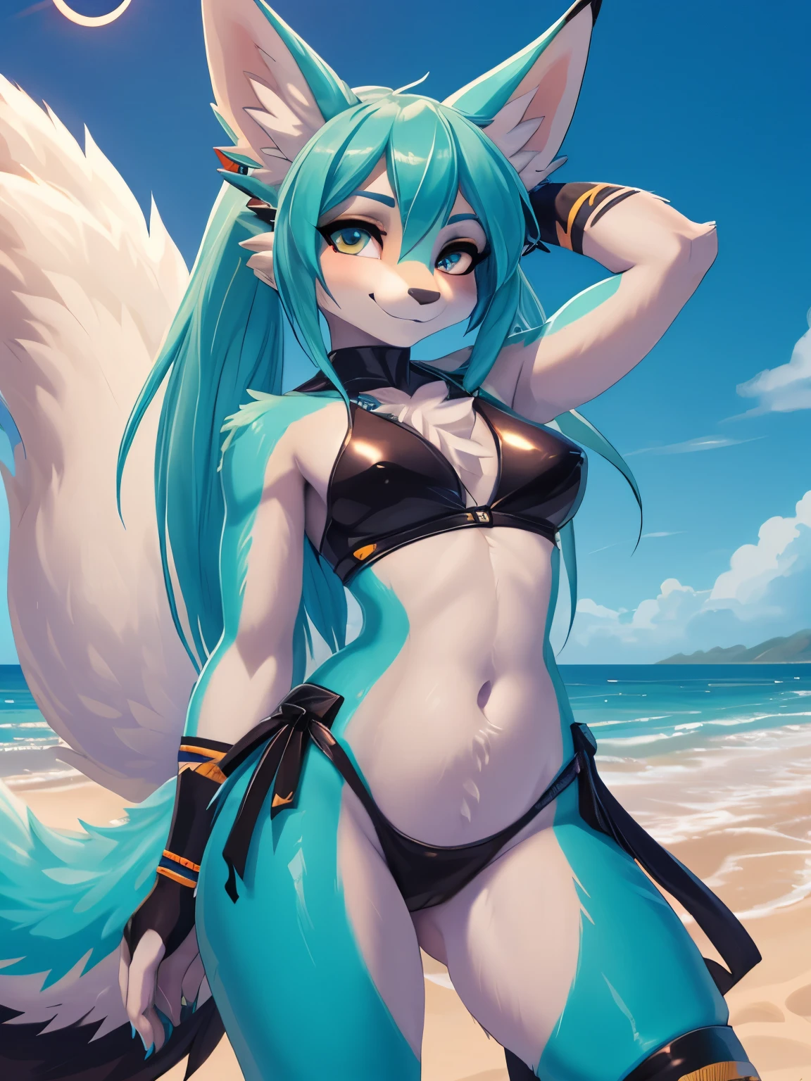 Miku Hatsune,agua&cuerpo blanco, peludo, orejas de kitsune, tatuaje tribal, ropa tribal, paisaje de playa, Eclipse, sensual pose, hincada en la playa, cara sonrojada, feliz, sensual bodysuit