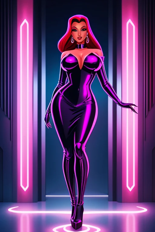 A futuristic version of Jessica Rabbit, with sleek metallic curves and neon accents. She stands tall and proud, a symbol of power and sexuality.