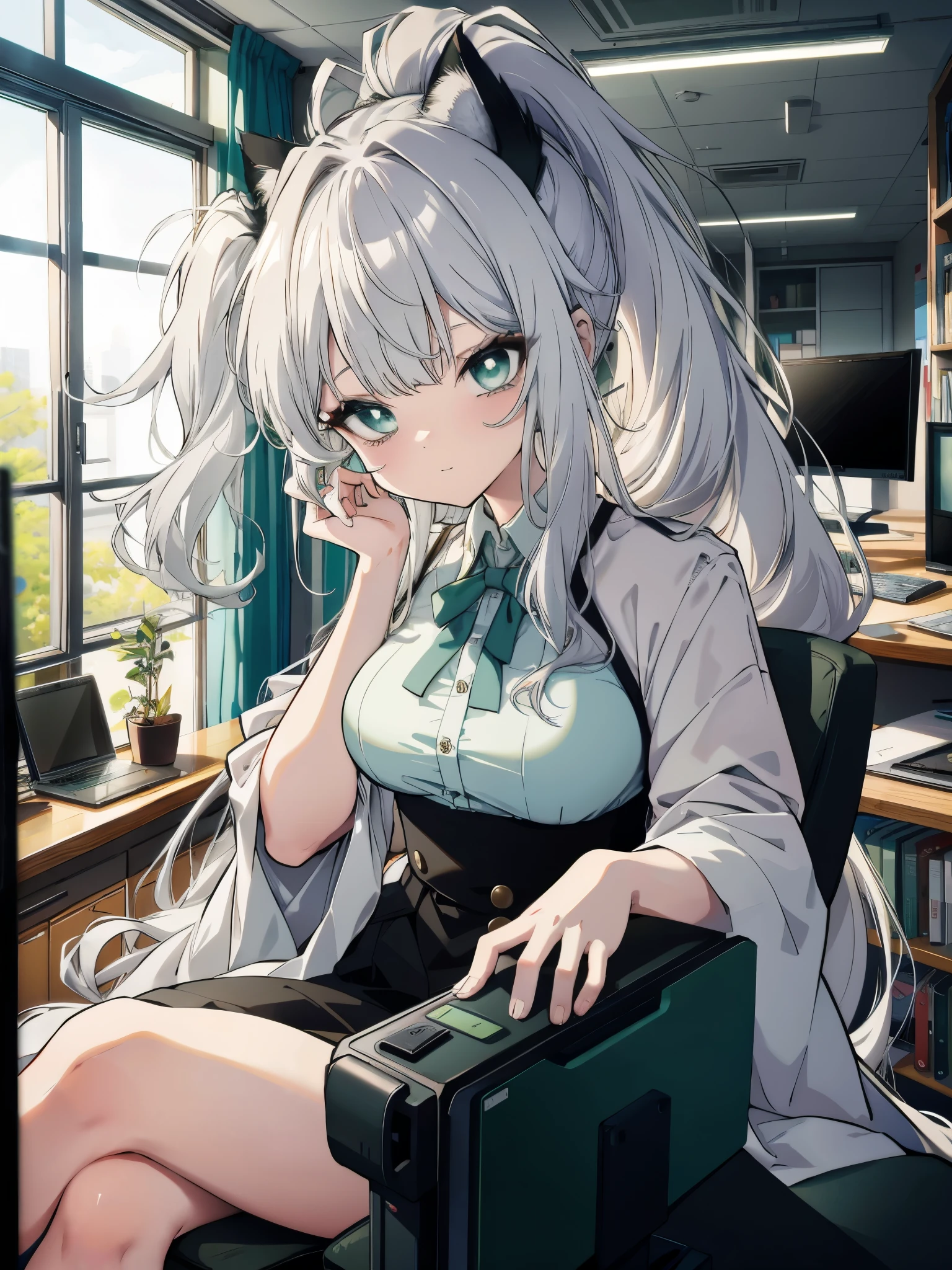 (colorful:1.1), vibrant color, (ultra-high resolution, depth of field:1.2), mature woman, (medium breasts), wide hips, (silver hair:1.2), cat ears, wavy hair, (long hair:1.2), (hair covering ears:1.2), (long ponytail:1.2), bangs, (green eyes), bags under eyes, lab coat, desk, messy desk, sitting chair, stretching arm behind head, closed mouth, office scenery, night, dim lighting