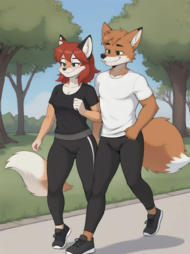 Furry, fox, smile, black leggings, white shirt, jogging with a partner, park, teen