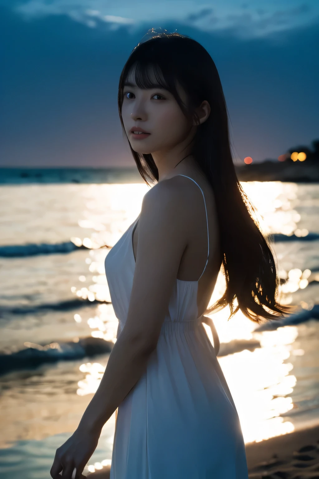 1 girl, (Wear a clean white summer dress:1.2), Very beautiful Japanese idol portraits, (Silhouette of the whole body),
(RAW Photos, highest quality), (Realistic, Realistic:1.4), (masterpiece), 
Very delicate and beautiful, Very detailed, 2k wallpaper, wonderful, finely, Very detailed CG Unity 8K wallpaper, Very detailed, High resolution, Soft Light, 
Silhouette girl, Cinema Lighting, 
(Fashion magazine photography:1.3), (The sea at dusk), (The beach illuminated by the lingering light of the sun), (Wavering on the sea surface), (Dark crimson afterglow), (Dark screen),
(Semi-long hair), (女の子のSilhouette of the whole body:1.5),
Complete Anatomy, Slender body, Small breasts