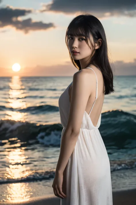 1 girl, (wear a clean white summer dress:1.2), very beautiful japanese idol portraits, (silhouette of the whole body),
(raw phot...