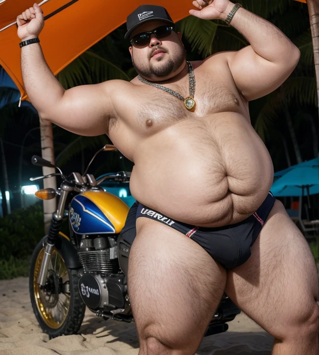 Bikerider tatuagem bandana jaqueta de motoqueiro, 1 chubby man with extremely thick thighs , Careca, obeso, homem de meia idade, camisa branca aberta mostrando a barriga e peitoral usando apenas sunga vermelha e meias, parado na rua, looking at the sky, noite, luz do sol brilhante, Paradisiacal beach setting, gesturing with hands, conversando com o expectador, wearing sunglasses, wearing a gold chain around her neck, wearing a digital watch on your wrist. Tatuagens no corpo todo. Usando camiseta com estampa de pinturas florais havaiano.((Ele deveria ter barba por fazer. Make it ultra-realistic, low angle view, Photo at eye level (thick and strong arm crotch, Obese thighs extremely thick belly immense morbid Fat Chubby loaded , speedo vermelho, I don't wear shirts, with hands Gesturing with hands holding testicle with hand, gesticulando, expressando, ((genital Masculino glande peniana tamanho anormal, phallus size gigantic phallus super long phallus inclined fallen, dropped balls)), sensualizing with the hand on the crotch, Acariciando as bolas, ejaculando exageradamente, Gozando sem limites, Jorrando jatos de esperma da glande peniana, corpo muito suado, suor extremo no corpo. Big tongue laughing. Genital Masculino tamanho largo exagerado GG comprido , old chubby stocky thick Japanese))