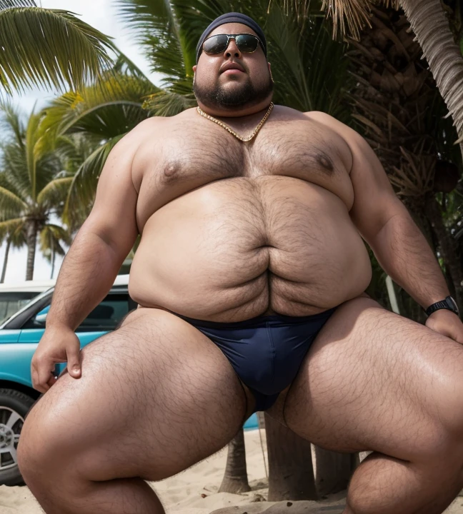 Bikerider tatuagem bandana jaqueta de motoqueiro, 1 chubby man with extremely thick thighs , Careca, obeso, homem de meia idade, camisa branca aberta mostrando a barriga e peitoral usando apenas sunga vermelha e meias, parado na rua, looking at the sky, noite, luz do sol brilhante, Paradisiacal beach setting, gesturing with hands, conversando com o expectador, wearing sunglasses, wearing a gold chain around her neck, wearing a digital watch on your wrist. Tatuagens no corpo todo. Usando camiseta com estampa de pinturas florais havaiano.((Ele deveria ter barba por fazer. Make it ultra-realistic, low angle view, Photo at eye level (thick and strong arm crotch, Obese thighs extremely thick belly immense morbid Fat Chubby loaded , speedo vermelho, I don't wear shirts, with hands Gesturing with hands holding testicle with hand, gesticulando, expressando, ((genital Masculino glande peniana tamanho anormal, phallus size gigantic phallus super long phallus inclined fallen, dropped balls)), sensualizing with the hand on the crotch, Acariciando as bolas, ejaculando exageradamente, Gozando sem limites, Jorrando jatos de esperma da glande peniana, corpo muito suado, suor extremo no corpo. Big tongue laughing. Genital Masculino tamanho largo exagerado GG comprido , old chubby stocky thick Japanese))