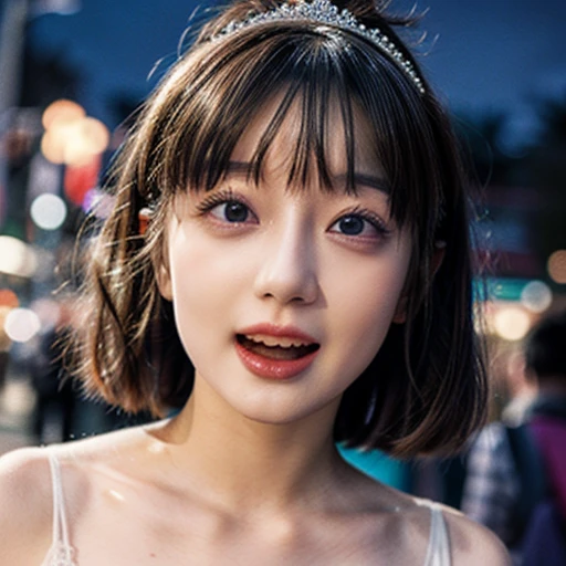 masterpiece of professional Analog photo, realistic and photorealistic with touch of rawness, (a close-up portrait of a tiny princess wearing white thongs on a city street), Dusk violet Sky, intricate lighting effects with light particles, (many colorful lights dazzling bokeh), Traffic lights, crowd of tiny girls enjoying summer festival, { Childish | Gigantic Cleavage }, (((NOGIZAKA))) Extremely Detailed very KAWAII face variation, perfect anatomy, captivating gaze, elaborate detailed Eyes with (sparkling highlights:1.2), long eyelashes、Glossy RED Lips with beautiful details, Coquettish tongue, Rosy cheeks . (Dynamic joyful expressions), { pleasure in agony | Ecstasy | :D | screaming | Perplexed }, Mystic sight . hair and eye color is same color, { Red leather high collar | Red ribbon }, from diagonally angle. short bob, Tiny princess tiara .