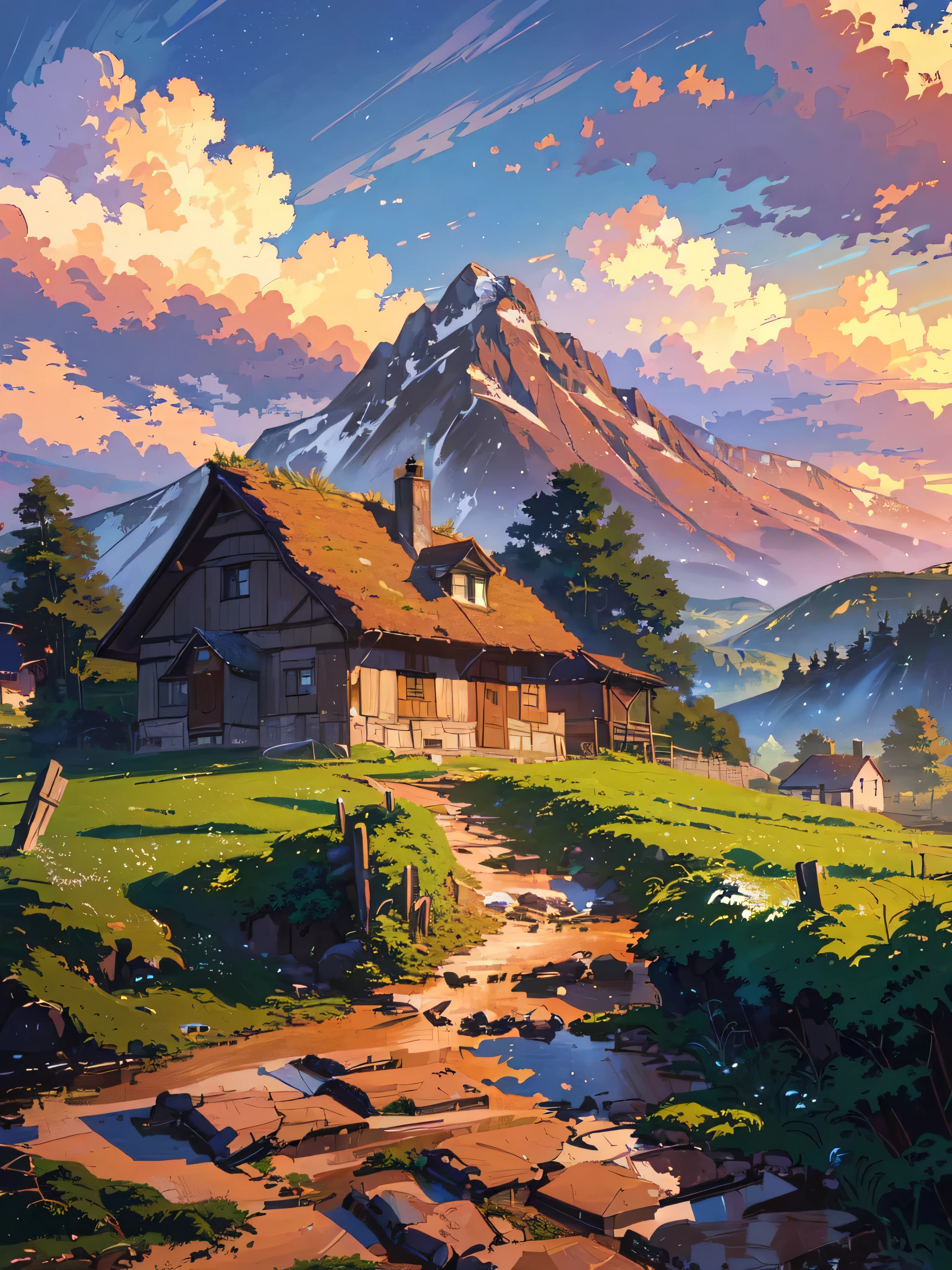 painting of a rural scene with a house and a mountain, anime countryside landscape, by Franz Hegi, detailed painting 4 k, 4k highly detailed digital art, silvain sarrailh, 8k high quality detailed art, detailed scenery —width 672, andreas rocha style, beautiful art uhd 4 k, scenery artwork, amazing wallpaper